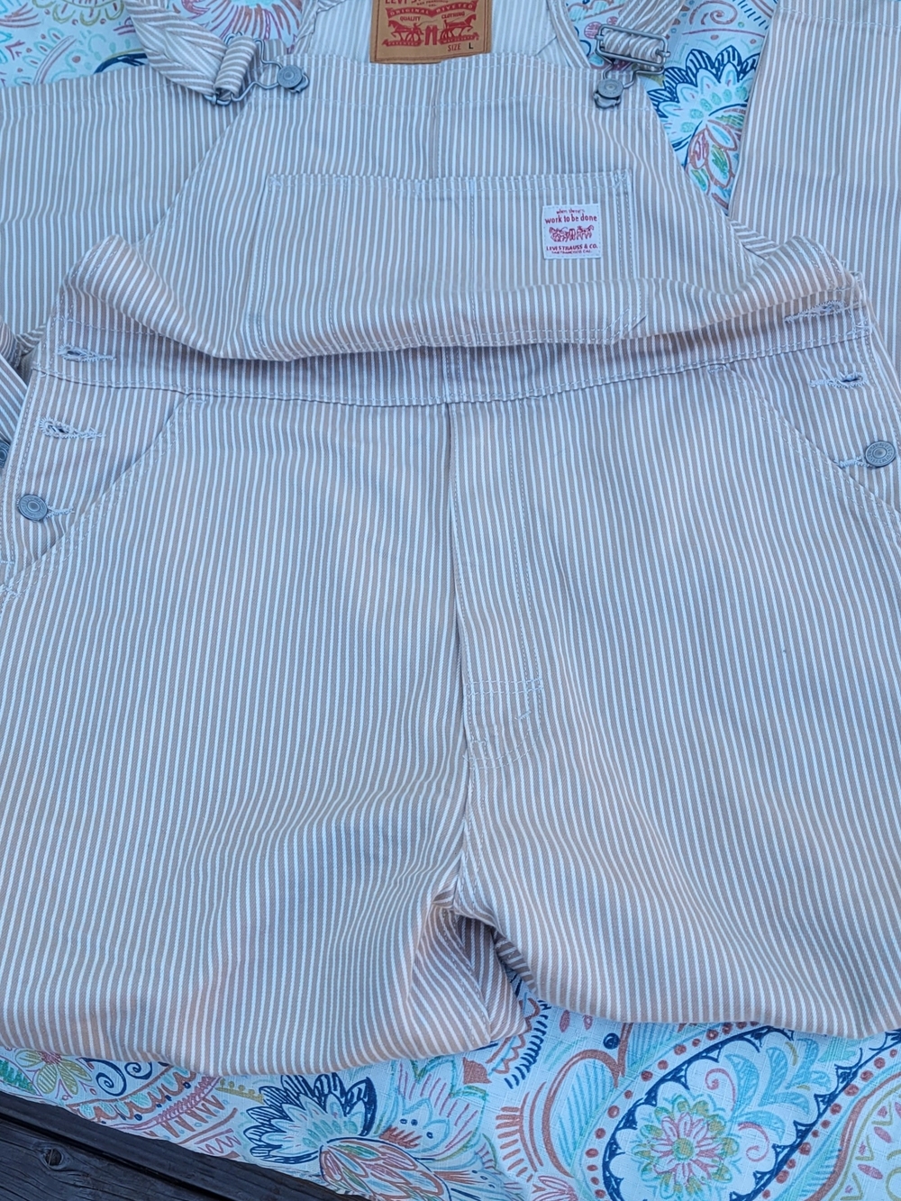 Levi's Workwear Overalls Striped Cotton Tan & White Large NWT Rare Hickory Strip